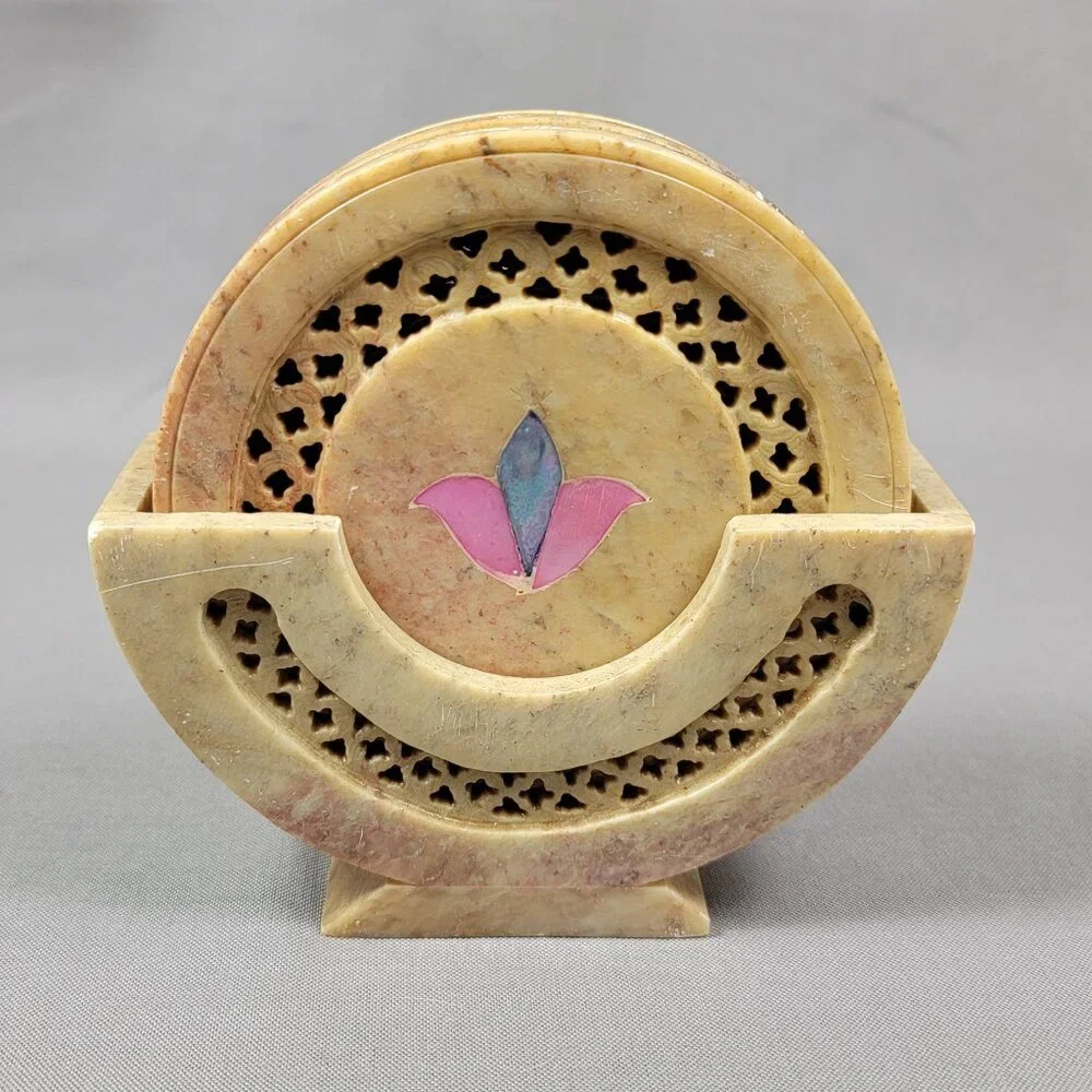 Vtg Stone Marble Coasters Hand Carved Jali Cut Flower Inlay Decorative Lot of 6